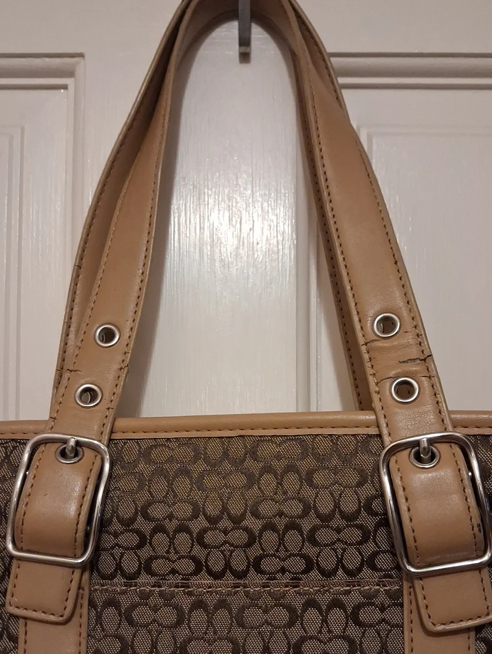 Coach Y2k Classic Brown Logo-Pattern Tote Bag with Tan Trim